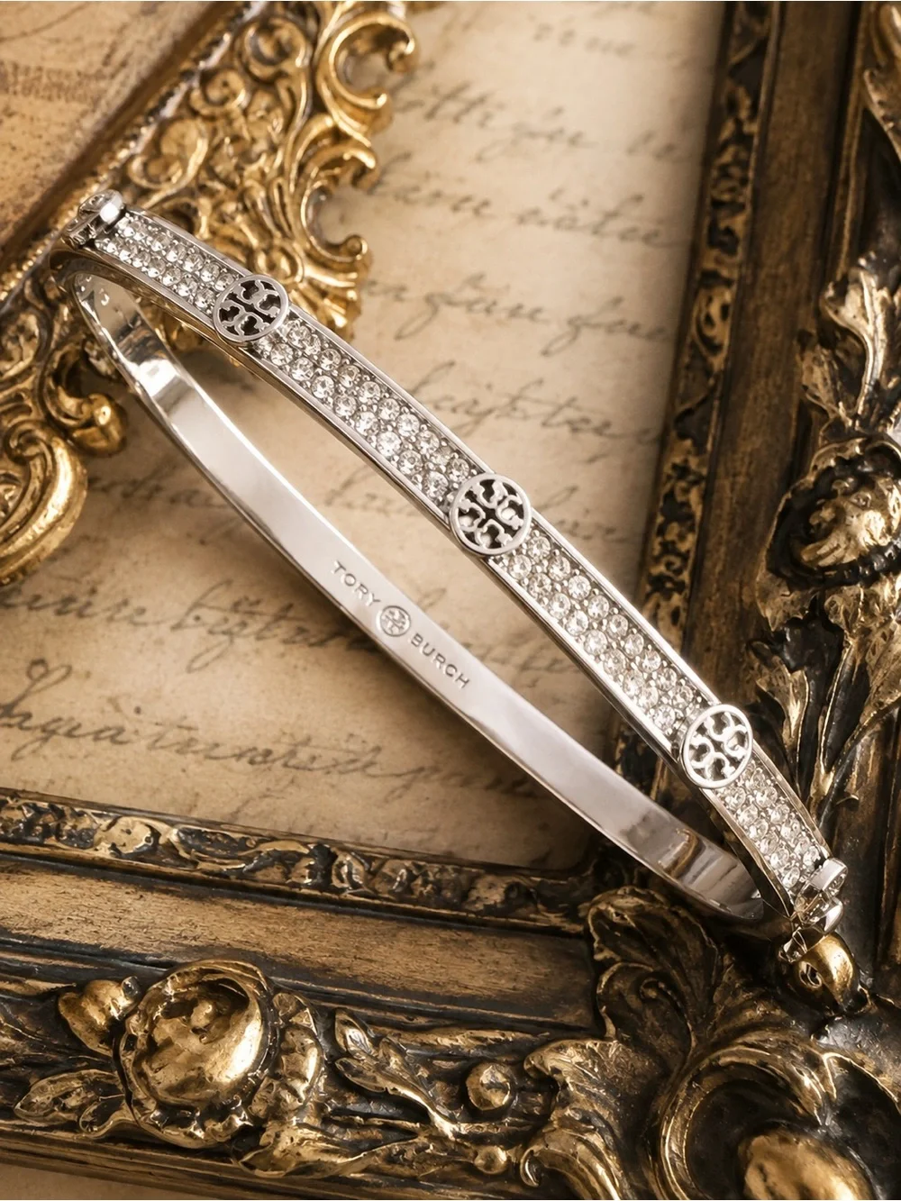TORY BURCH • Silver Thin Icon Pave Crystal Hinge Bracelet